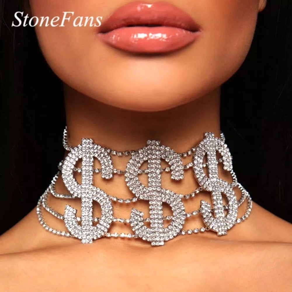 Dollar Sign Rhinestone Necklace - Picture 2 of 5